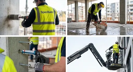 Pracownicy SpecBuild przy wierceniu, cięciu betonu i pracy z podnośnika koszowego